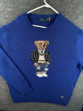 Polo Ralph Lauren Bear Cotton Sweater Blue 2XL QR Knit Pullover Preppy Drip